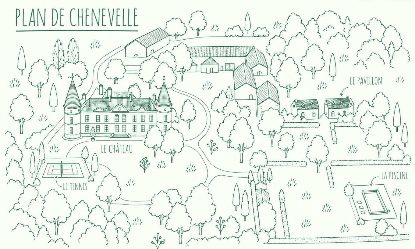 Plan de Chenevelle : le château, le Pavillon, le tennis et la piscine dans le parc